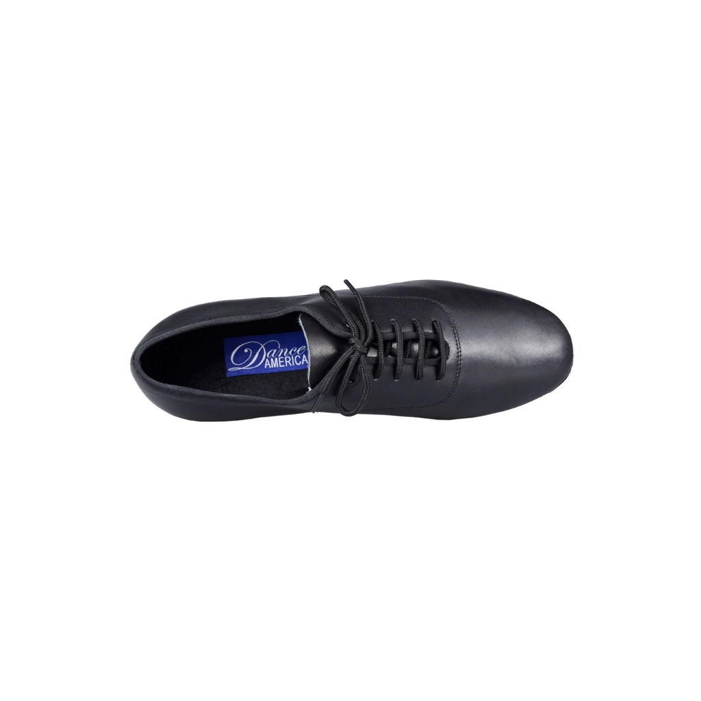 Manhattan men's ballroom dance shoe in black leather with 1 inch heel. Aerial view.