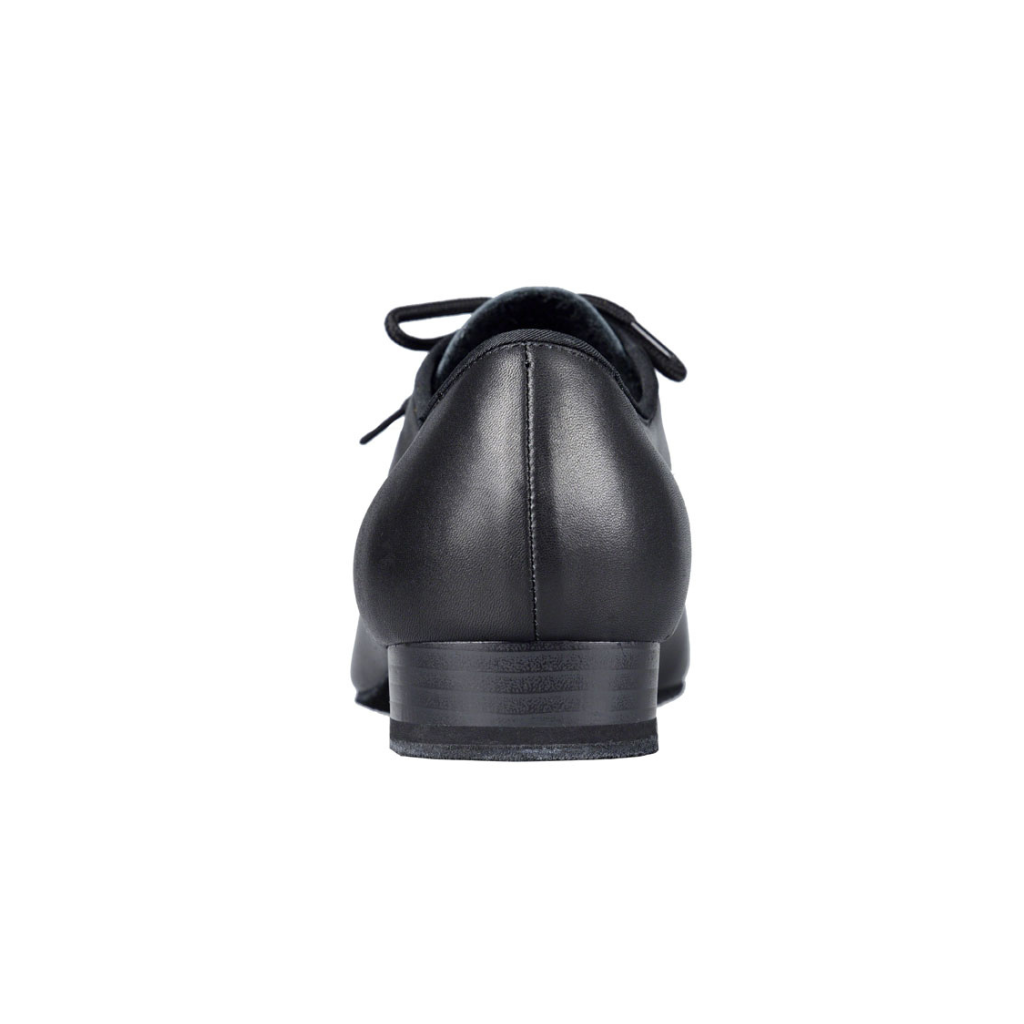 Manhattan men's ballroom dance shoe in black leather with 1 inch heel. Heel view.