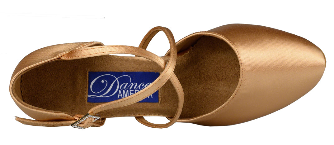 Women's Charlotte dance shoe in light tan satin with 2.5 inch flare heel. Aerial view.