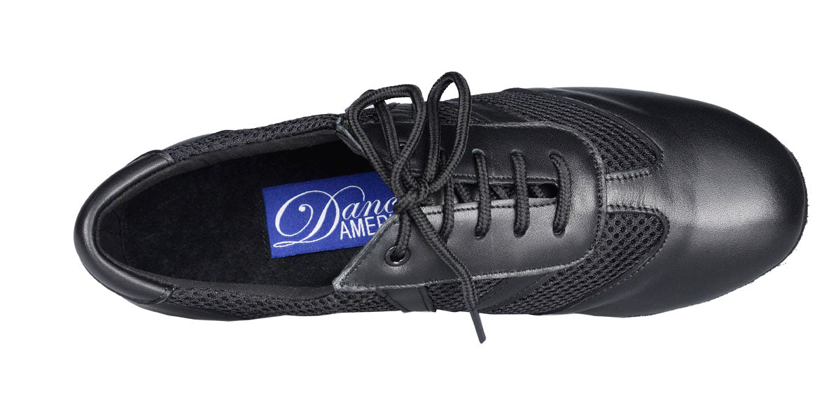Women's Savannah dance shoe in black leather mesh with 1.5" cuban heel. Aerial view.