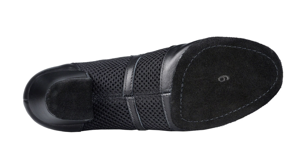 Women's Savannah dance shoe in black leather mesh with 1.5" cuban heel. Bottom view..