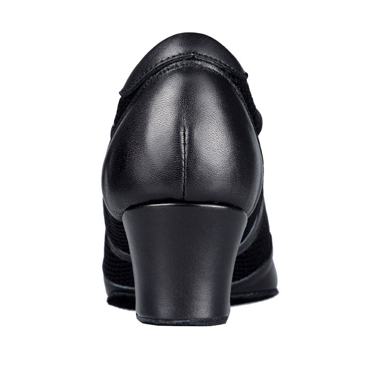 Women's Savannah dance shoe in black leather mesh with 1.5" cuban heel. Heel view.