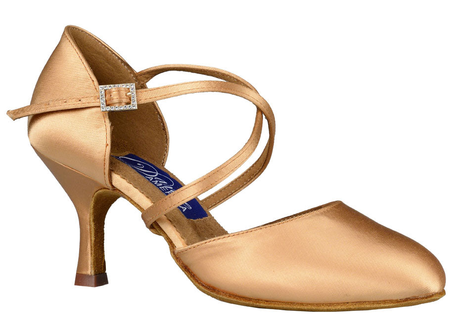 Women's Charlotte dance shoe in light tan satin with 2.5 inch flare heel. Profile View.