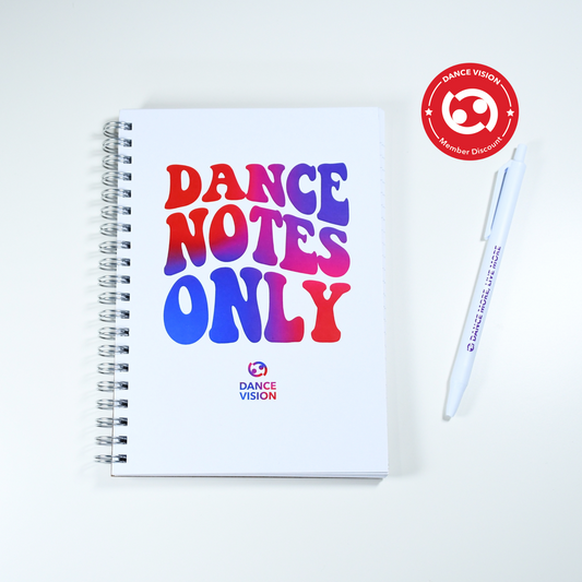 Spiral bound 5x7 white notebook with "Dance Notes Only" graphic design on front cover. Lined paper. Perfect for all of your dance notes. Created by Dance Vision with you in mind!