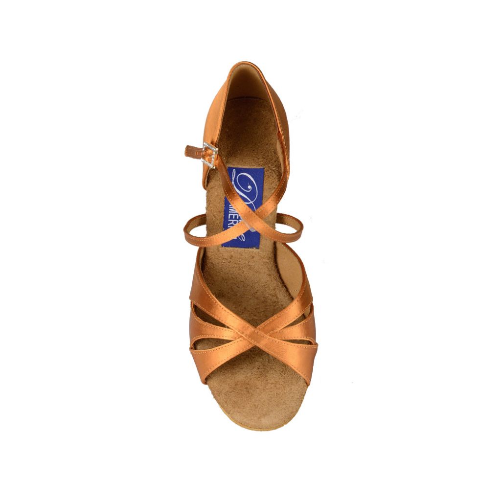 Women's Phoenix shoe in dark tan satin with 2 inch wide heel. Aerial view.