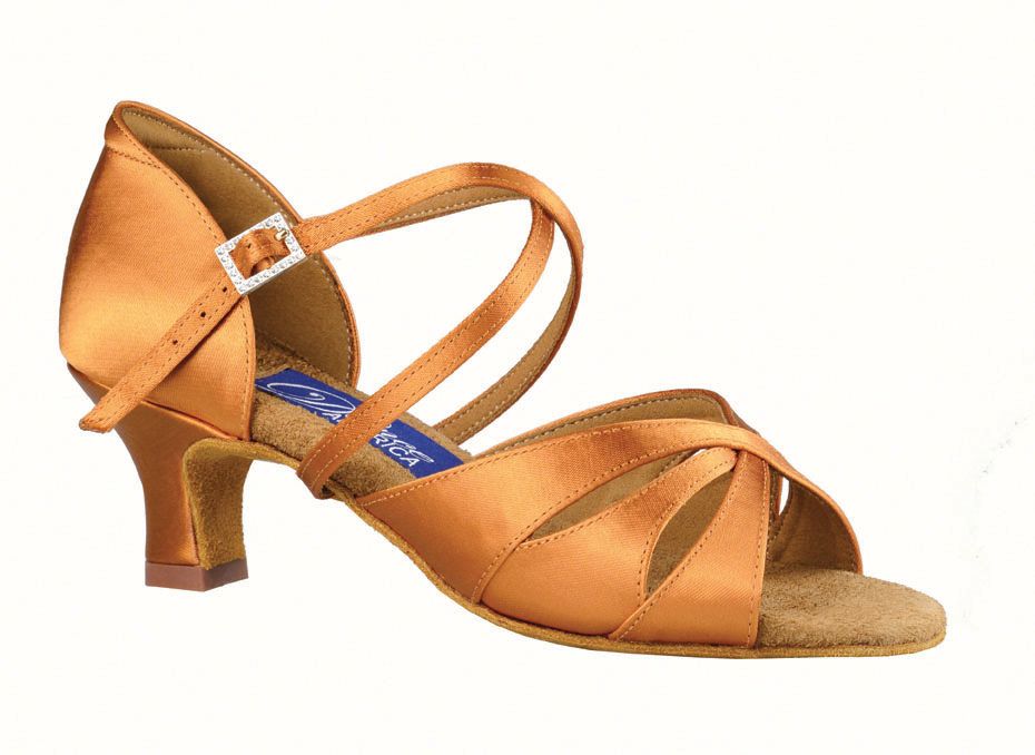 Women's Phoenix shoe in dark tan satin with 2 inch wide heel. Profile view.