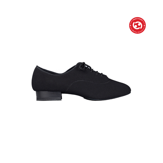 Jackson men's dance shoe in black lycra with 1 inch heel. Profile view.