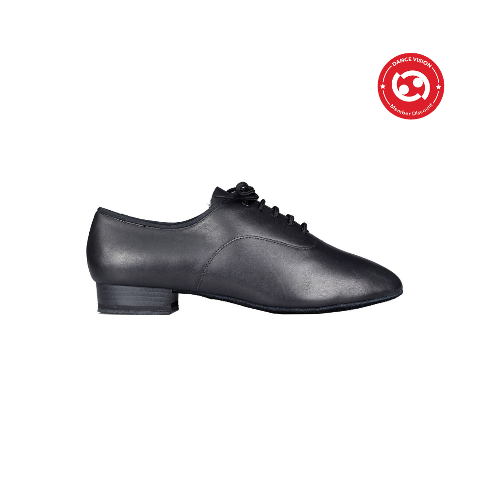 Manhattan men's ballroom dance shoe in black leather with 1 inch heel. Profile view.