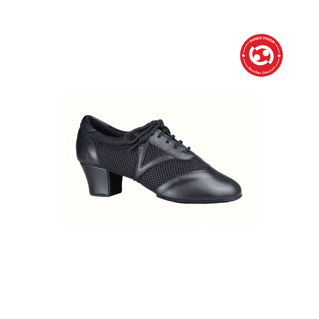 Women's Savannah dance shoe in black leather mesh with 1.5" cuban heel. Profile view. 