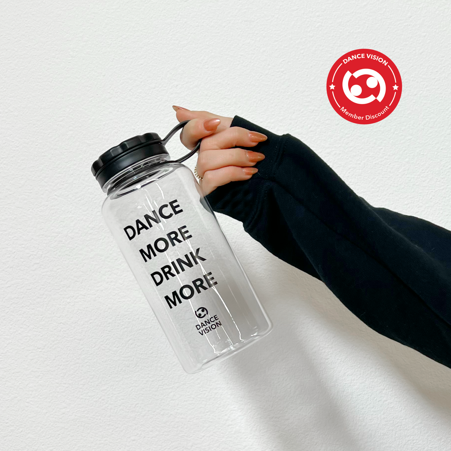 34 oz. [1600 ml] single wall, wide mouth, threaded lid with carrying loop water bottle with "Dance More Live More" design created by Dance Vision.