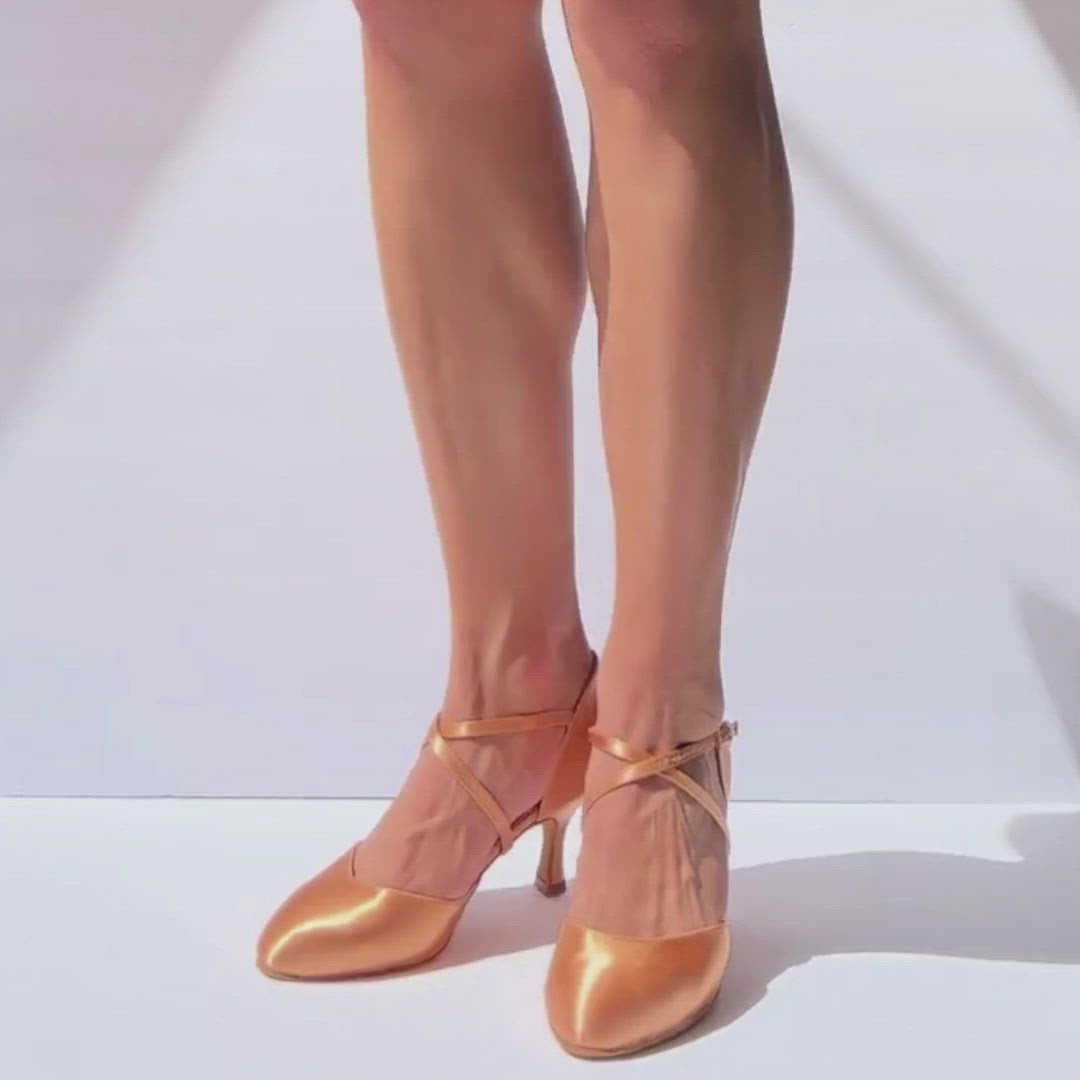 Video of women's Charlotte dance shoe in light tan satin with 2.5 inch flare heel.
