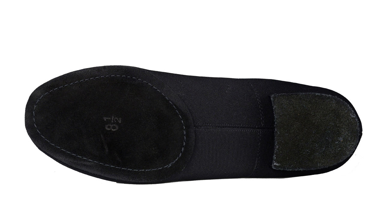 Jackson men's dance shoe in black lycra with 1 inch heel. Bottom view.