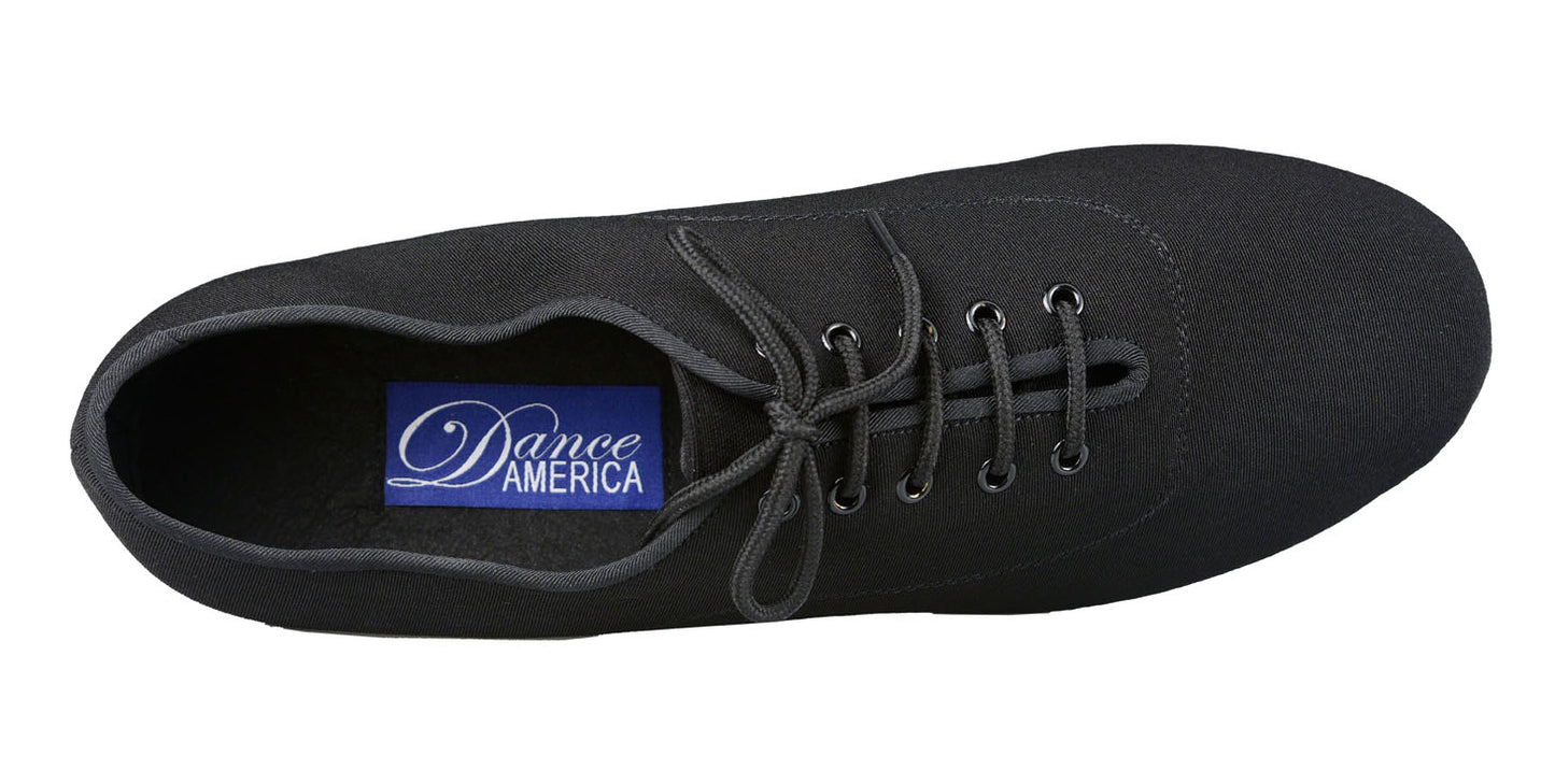 Jackson men's dance shoe in black lycra with 1 inch heel. Aerial view.