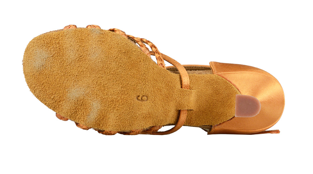 Women's Phoenix shoe in dark tan satin with 2 inch wide heel. Bottom view.