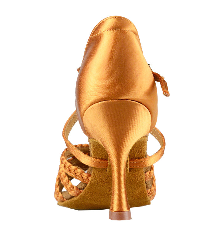 Women's Phoenix shoe in dark tan satin with 2 inch wide heel. Heel view.