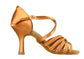 Women's Phoenix shoe in dark tan satin with 3 inch wide heel. Profile View.