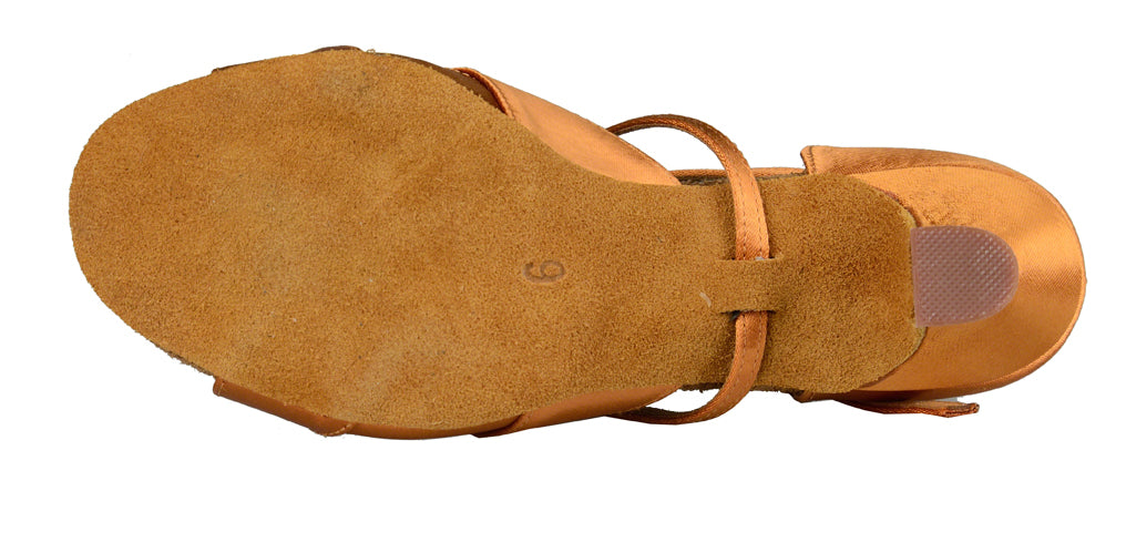 Women's Phoenix shoe in dark tan satin with 2 inch wide heel. Bottom view.