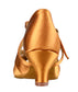 Women's Phoenix shoe in dark tan satin with 2 inch wide heel. Heel view.