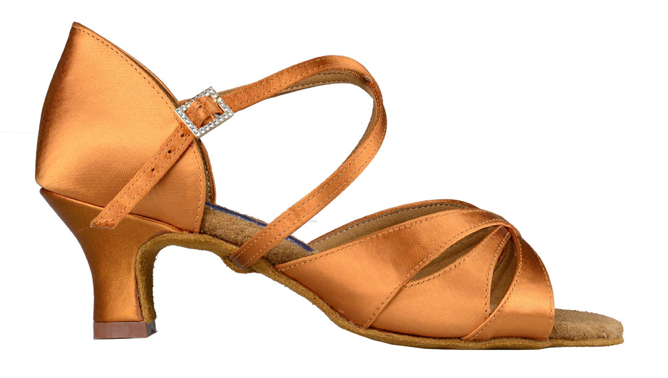 Women's Phoenix shoe in dark tan satin with 2 inch wide heel. Inside profile view.