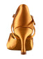 Women's Phoenix shoe in dark tan satin with 2.5 inch wide heel. Heel view.