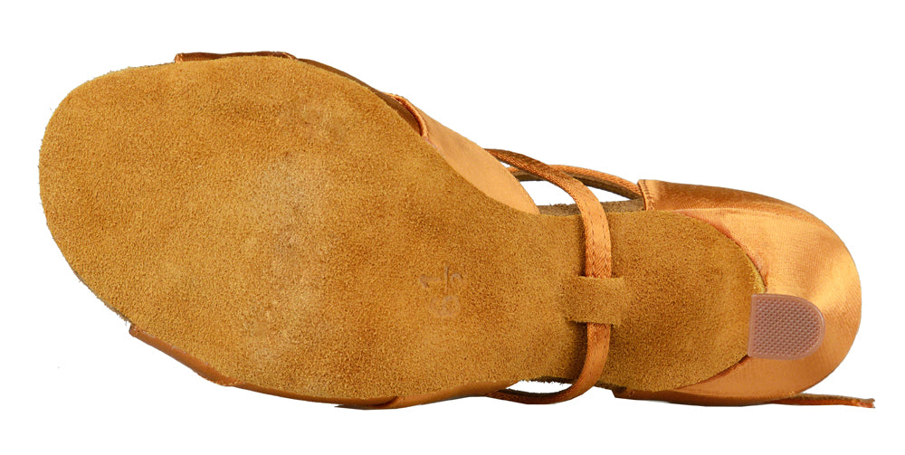 Women's Phoenix shoe in dark tan satin with 2.5 inch wide heel. Bottom view.