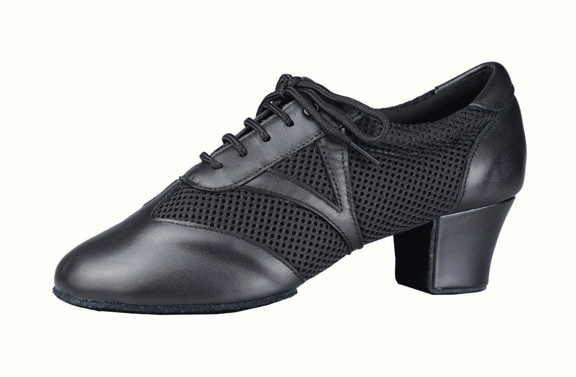Women's Savannah dance shoe in black leather mesh with 1.5" cuban heel. Profile view. 