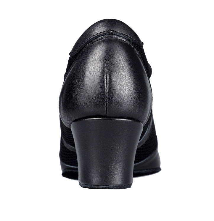 Women's Savannah dance shoe in black leather mesh with 1.5" cuban heel. Heel view. 
